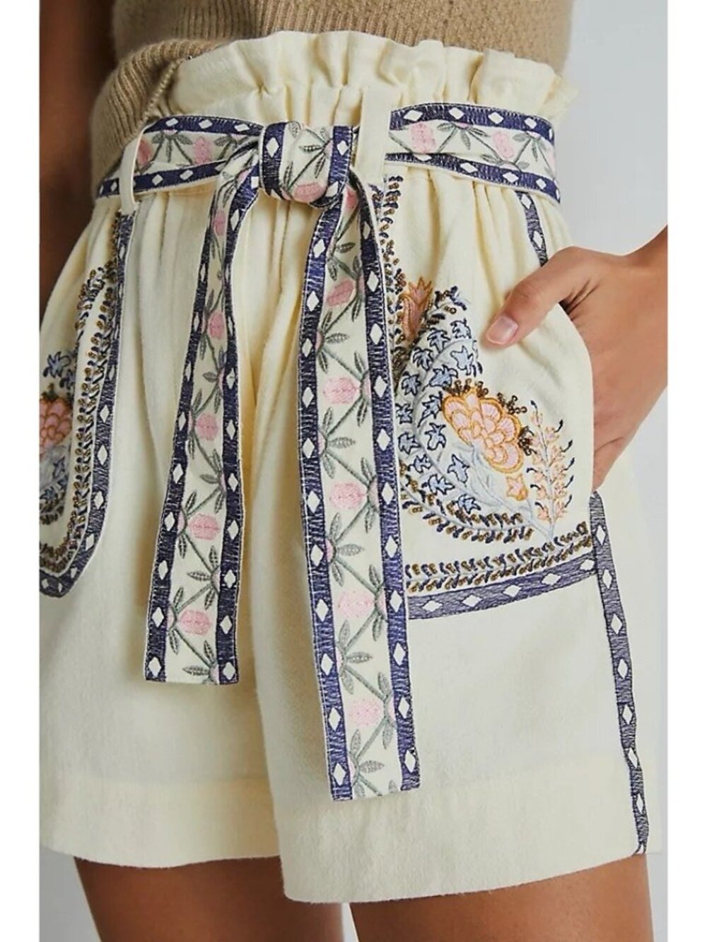Anthropologie Womens S Embroidered Paperbag Waist Shorts Ivory Beaded Floral